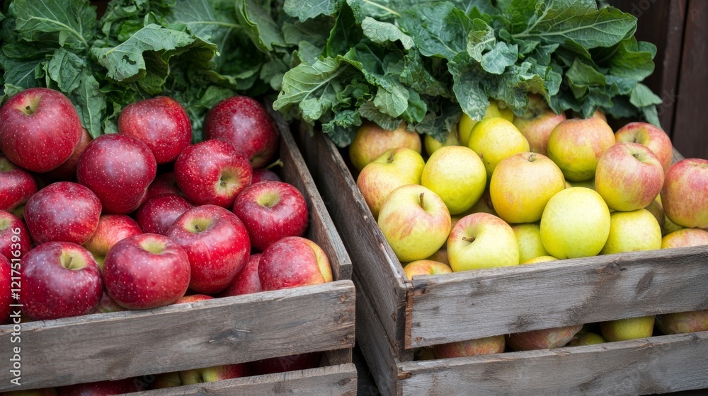 Ripe red and yellow apples and fresh kale are overflowing from wooden crates, creating a vibrant display of seasonal produce, perfect for healthy eating and farm-to-table cuisine Ripe red and yellow apples and fresh kale are overflowing from wooden crates, creating a vibrant display of seasonal produce, perfect for healthy eating and farm-to-table cuisine