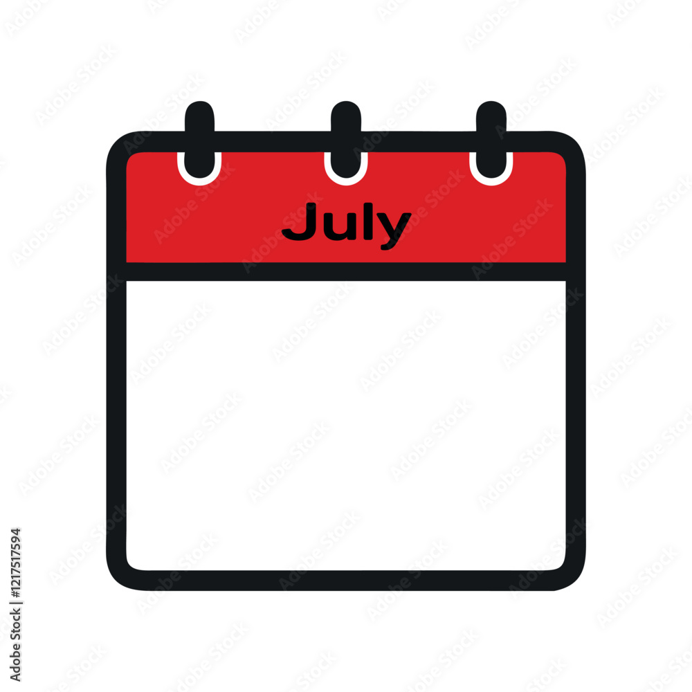 Calendar icon, july, red and black design, minimalist, flat illustration, graphic design, simple shapes, clean lines, digital art, vector style, white background