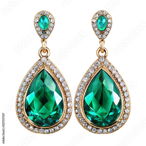 Beautiful emerald crystal teardrop dangle earrings isolated on transparent background  

