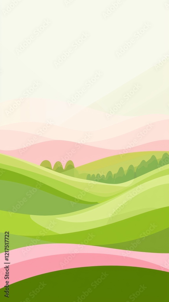 Obraz premium Rolling green hills dotted with trees stretch into the distance, meeting pink-hued mountains under a pale sky, creating a serene and minimalist landscape