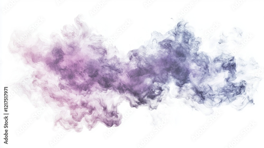 Fototapeta premium Smoke in shades of purple and blue billows and curls, creating a variety of abstract shapes against a clean white backdrop, perfect for adding an ethereal and artistic touch to any project