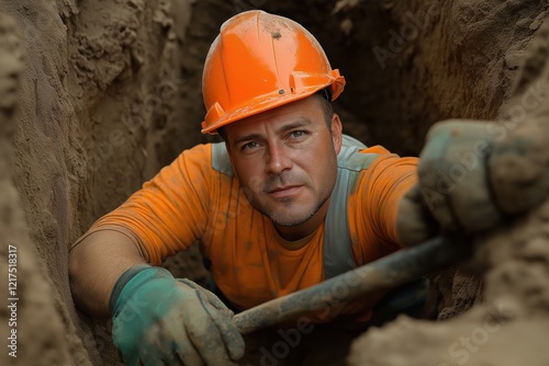 Construction worker in safety gear working in a trench on site