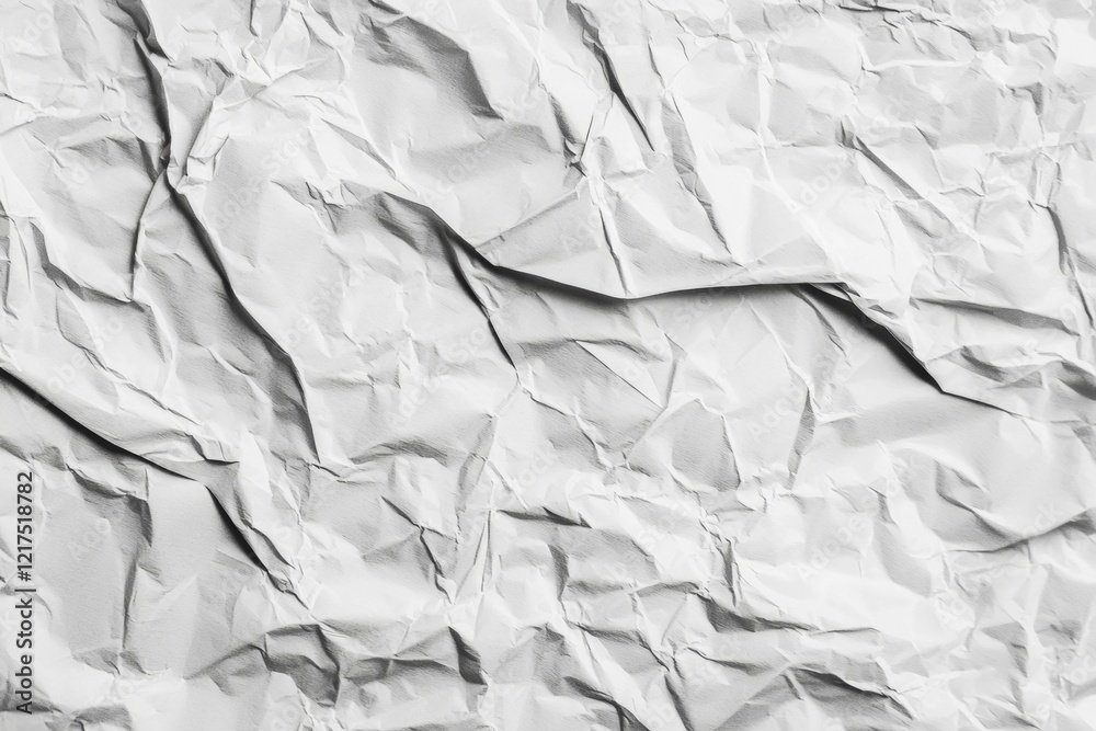 Obraz premium Crumpled white paper fills the frame, creating a textured and abstract background with its wrinkled and messy surface. The design offers a unique, monochrome aesthetic