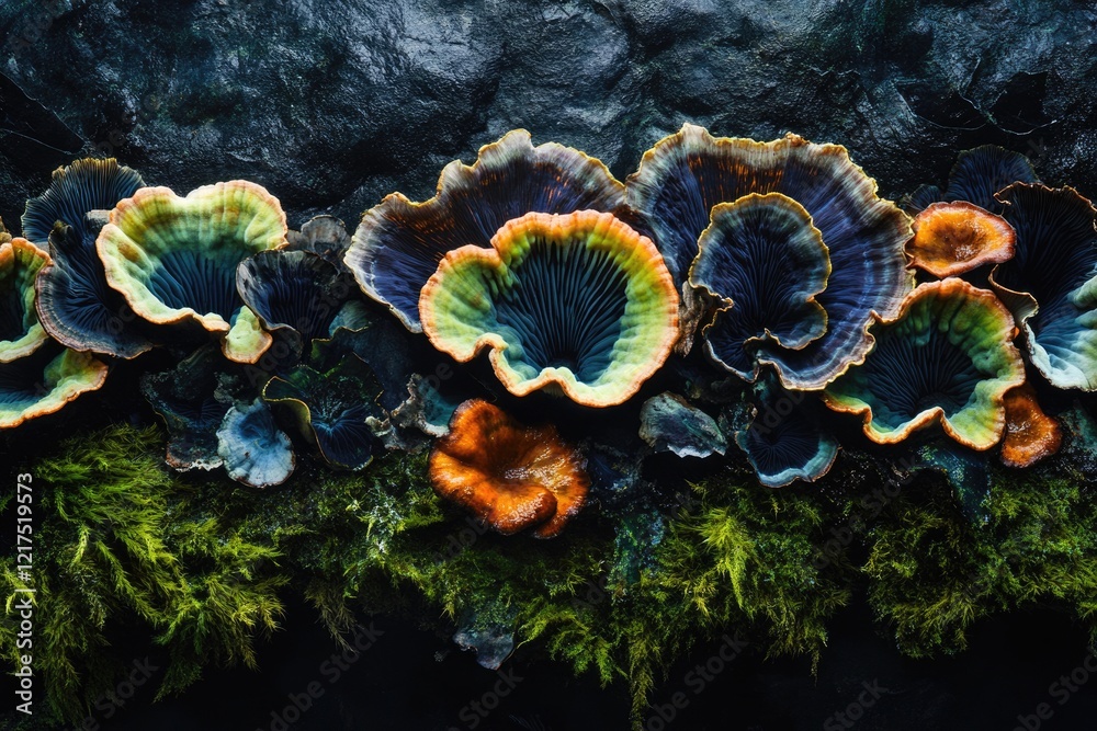 Obraz premium Vibrant cluster of colorful mushrooms growing on dark, mossy surface.