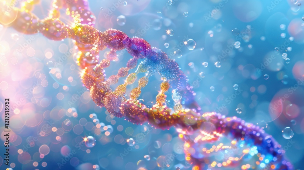 Radiant rainbow DNA double helix spiral surrounded by light bokeh and bubbles, creating a magical blue scene Radiant rainbow DNA double helix spiral surrounded by light bokeh and bubbles, creating a magical blue scene