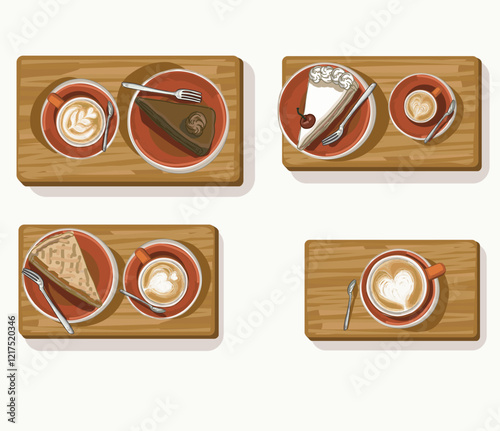 coffee on wooden board european modern style cafe red cup and cakes different types set isolated on white background