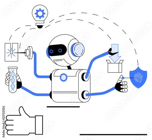 Humanoid robot interacting with DNA test tube, security shield, package, and lightbulb. Ideal for AI applications, robotics, automation, innovation, biotechnology security abstract line flat