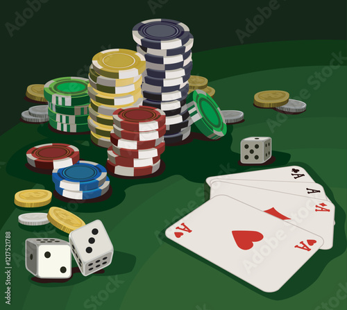 poker stock tokens chips casino money and cash on green felt table with cards fan of aces and dices gambling illustration