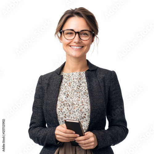 portrait of smiling beautiful caucasian business woman in glasses 30-40 years old in business suit holding phone in hands, isholat on white transparent background