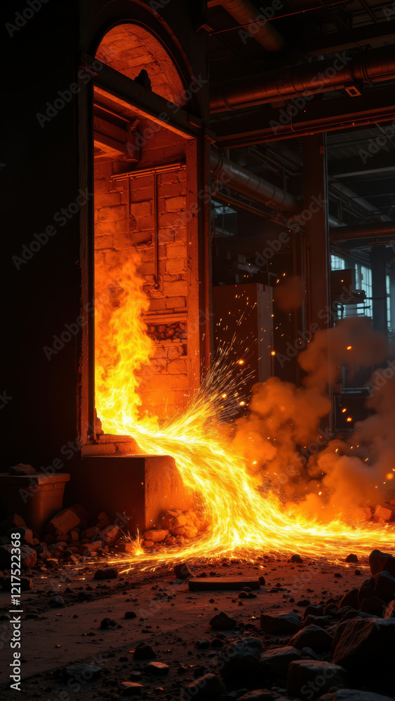 A fiery depiction of molten metal pouring into a ladle within an industrial setting. A fiery depiction of molten metal pouring into a ladle within an industrial setting.