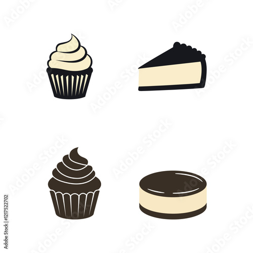 delicious cup chocolate cheese birthday cream cake  pudding and bakery baked food item silhouette icon collection set vector art flat design illustrations