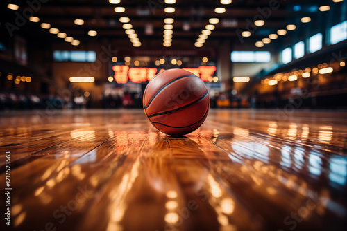 A realistic close-up of a basketball with textured dimples, sitting on a wooden court floor under dramatic stadium lighting