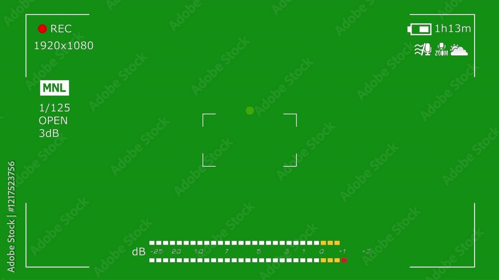 Camcorder viewfinder with green screen. Recording concept with timecode. Camera recording screen overlay