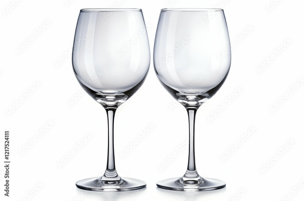Two elegant, clear wine glasses with long stems, positioned side by side against a neutral background. Two elegant, clear wine glasses with long stems, positioned side by side against a neutral background.