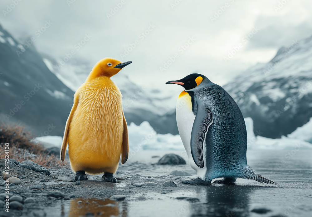 Fototapeta premium A yellow penguin walks next to an emperor penguin on the beach of the South Shetland Islands,