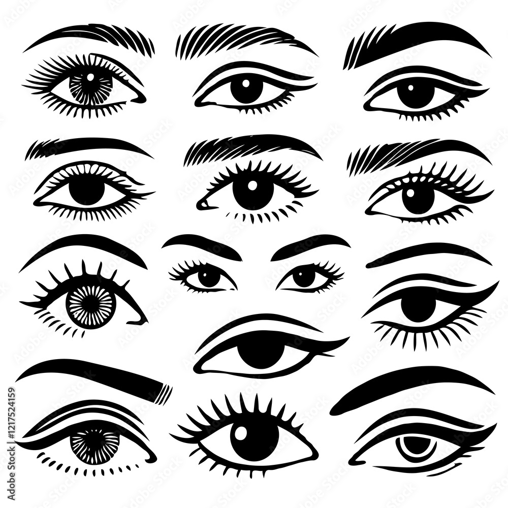 Set of different female eyes. Illustration isolated on white background. Eye icon set. Eyelash extensions, mascara, eyelashes, eyelash extensions. Set of women's eyes. Different types of eyes. Set of different female eyes. Illustration isolated on white background. Eye icon set. Eyelash extensions, mascara, eyelashes, eyelash extensions. Set of women's eyes. Different types of eyes.