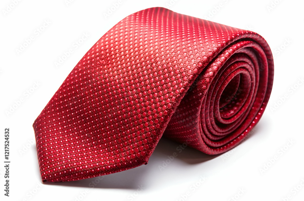 A vibrant red tie with a textured pattern, rolled neatly, perfect for formal occasions or as a stylish accessory. A vibrant red tie with a textured pattern, rolled neatly, perfect for formal occasions or as a stylish accessory.