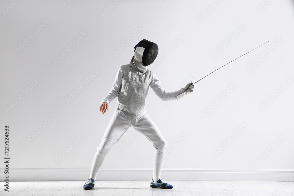 Fencer with epee practicing indoors. Combat sport Fencer with epee practicing indoors. Combat sport