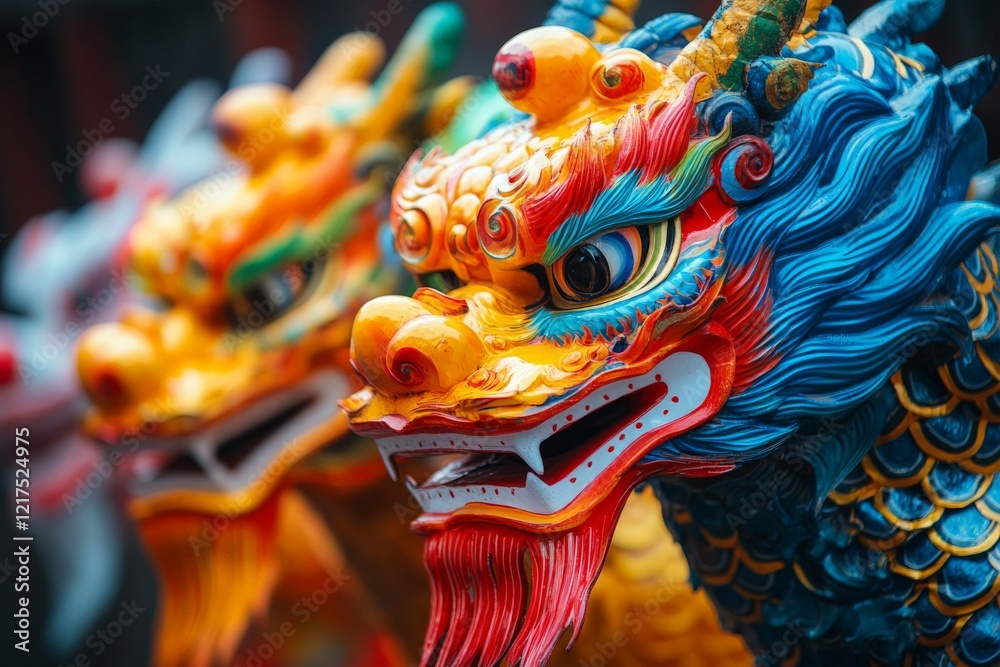 Fototapeta premium Colorful dragon sculptures in vibrant detail at a traditional festival in Asia