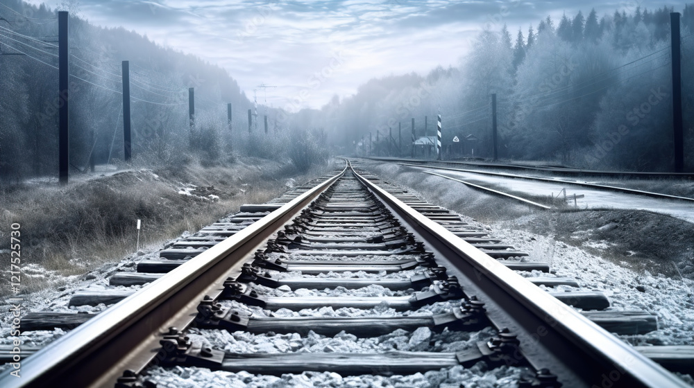 Fototapeta premium Frozen Railway Tracks Through the Misty Forest