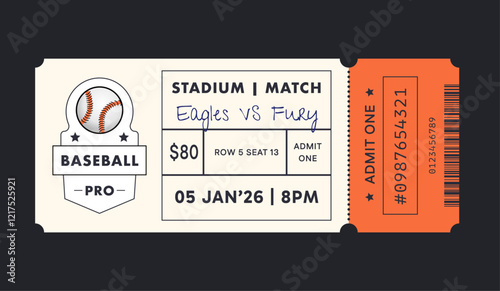 Baseball torn-off ticket template. Vector illustration of entrance ticket for baseball tournament. Modern linear badge design with ball.