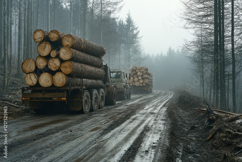 Logging trucks loaded with cut timber driving along a muddy forest road on a misty day, surrounded by trees photo