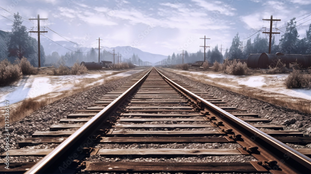 Fototapeta premium Winter Railroad Tracks Perspective Landscape