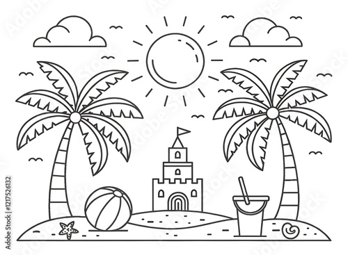Tropical Beach Adventure Coloring Page for Kids – Sand, Sea, sunset ,palm tree and Playful Details
