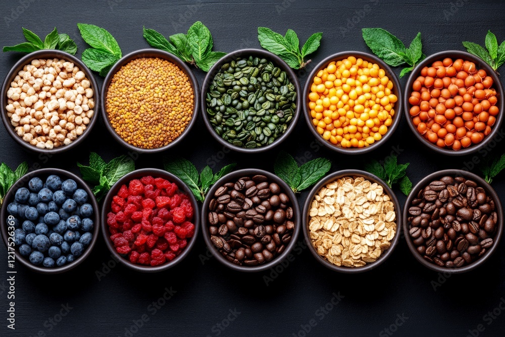 Colorful arrangement of healthy ingredients in bowls placed on a dark surface with mint leaves for garnish Colorful arrangement of healthy ingredients in bowls placed on a dark surface with mint leaves for garnish