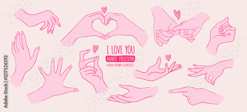 Creative hand drawn elements set with lover hands couple, hands position and heart, vector