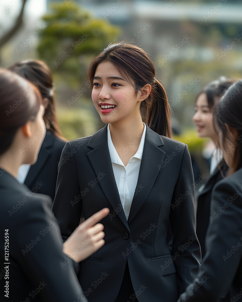 A small group of young Asian women in dark-sharply tailored suits, gathered in a public park with a modern building in the background.