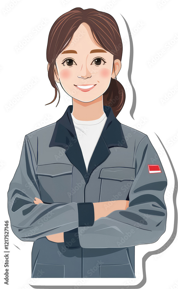 Woman wearing a grey work uniform stands with arms crossed Woman wearing a grey work uniform stands with arms crossed
