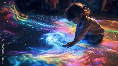 Child Interacts With Colorful Light Display on the Floor in a Playful Setting. Generative AI