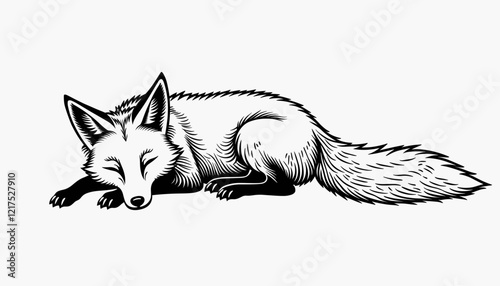 Sleeping fox illustration in black and white, nature symbolism