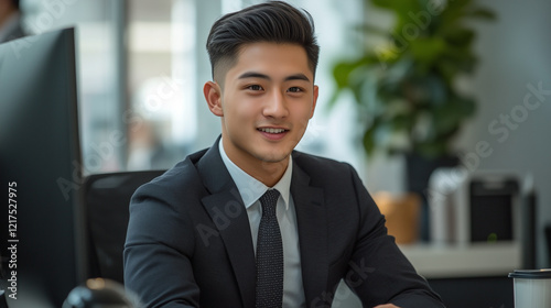 A young Asian man in a dark sharp suit sitting at his office desk and working behind a computer monitor. photo