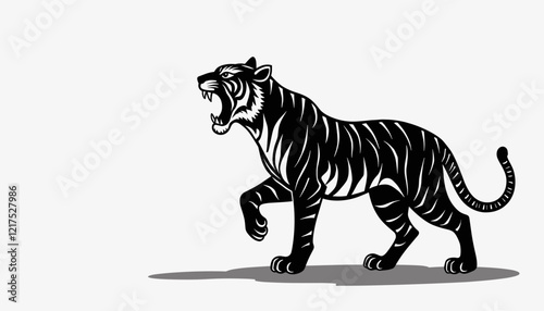 Roaring tiger in dynamic pose against plain background, fierce symbolism