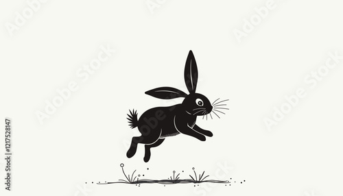 Energetic black rabbit jumping on grassy surface, playful freedom