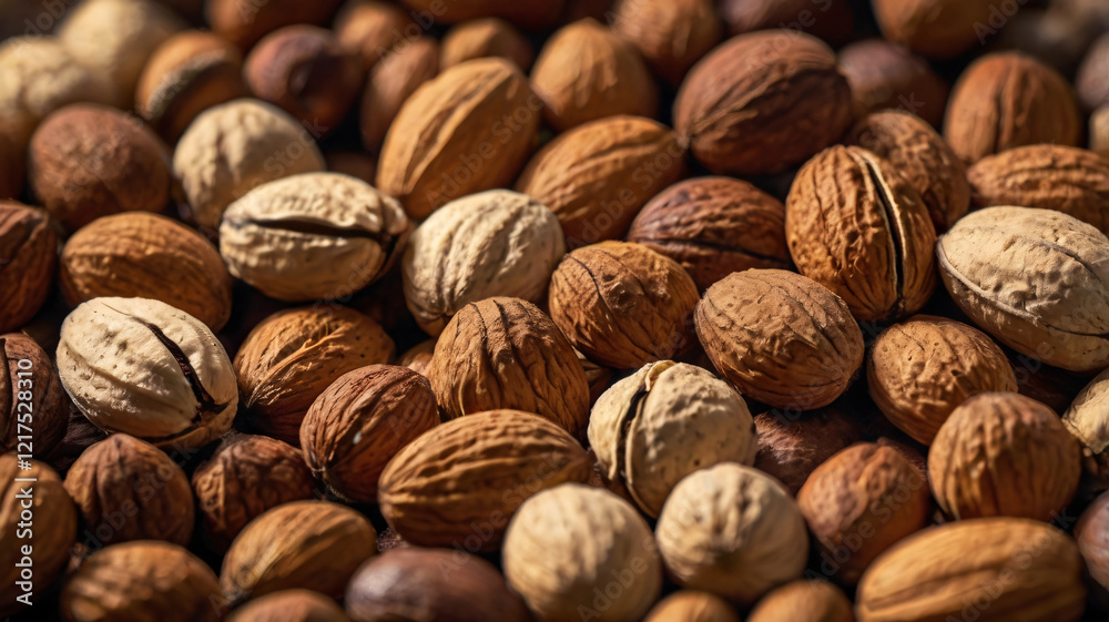 Nuts, Close-up of various Nuts including almonds, walnuts, and hazelnuts on wooden background, Tasty Nuts on Table Background Nuts, Close-up of various Nuts including almonds, walnuts, and hazelnuts on wooden background, Tasty Nuts on Table Background