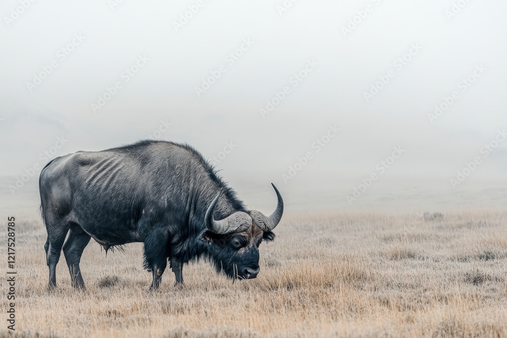 Obraz premium Majestic African Buffalo Grazing in Misty Grassland at Dawn with Soft Light and Subtle Fog Creating Enchanting Atmosphere in Natural Habitat
