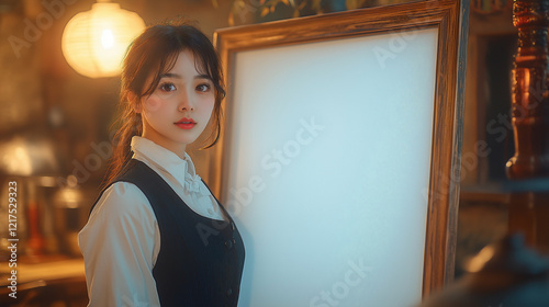 A night at small patisserie with an inviting bar. a young Asian teen woman in a waitress uniform standing beside a blank white poster with a wooden glossy frame catches the moonlight photo