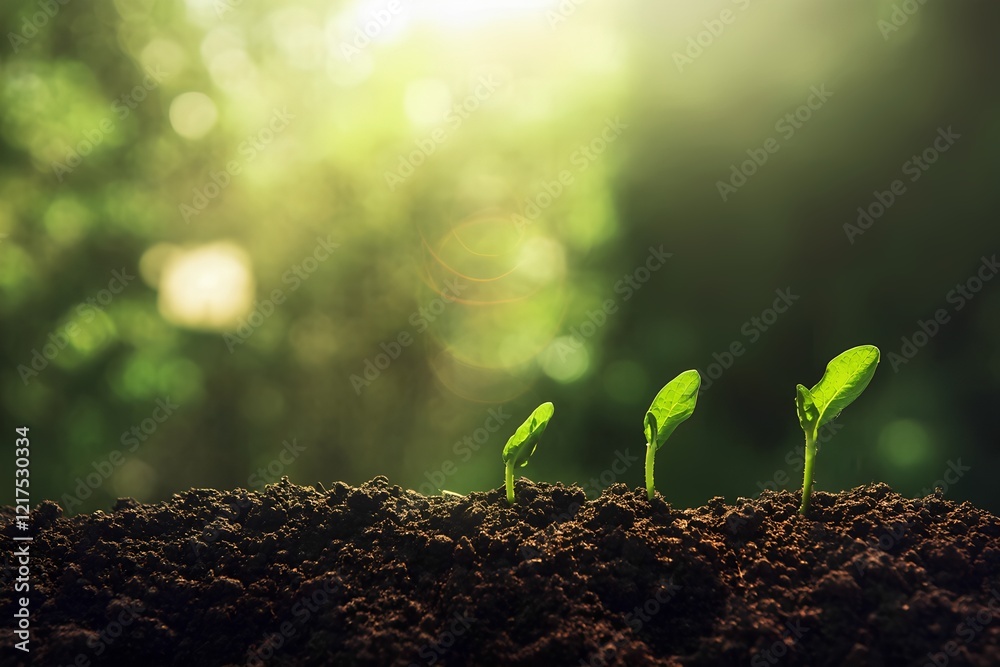 Fototapeta premium New plant sprouts emerging from rich soil in a sunlit garden setting during spring