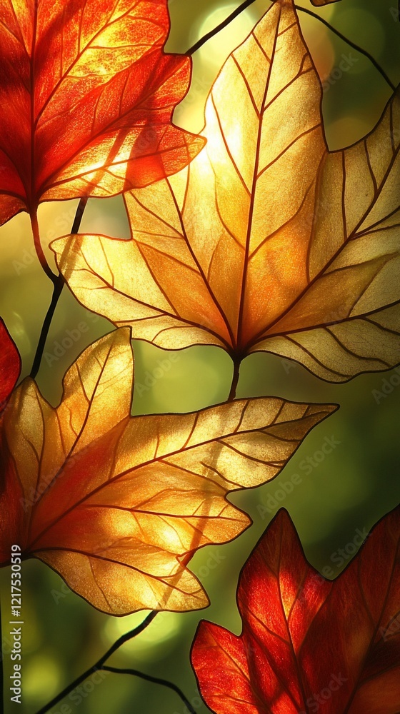 Fototapeta premium Autumn leaves backlit by sunbeams, vibrant colors, nature display