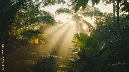 Obraz na płótnie Sunbeams Illuminate Lush Tropical Rainforest Canopy w salonie
