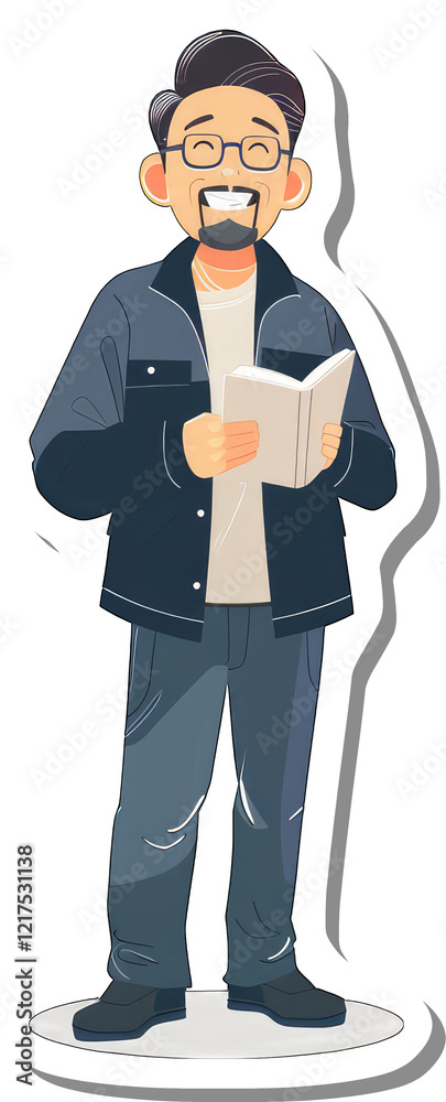 Happy Man Reading Book Smiling Wearing Glasses Happy Man Reading Book Smiling Wearing Glasses