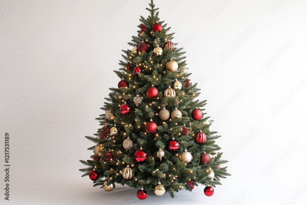 Beautifully decorated Christmas tree with red and gold ornaments and warm lights for holiday celebrations Beautifully decorated Christmas tree with red and gold ornaments and warm lights for holiday celebrations