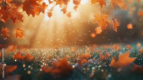 Autumn leaves falling on dewy grass, sunlight through trees photo