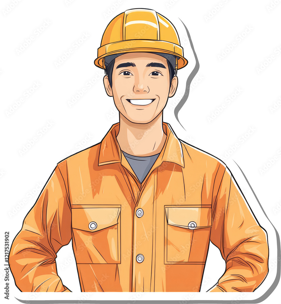Happy Asian Construction Worker Wearing Orange Uniform