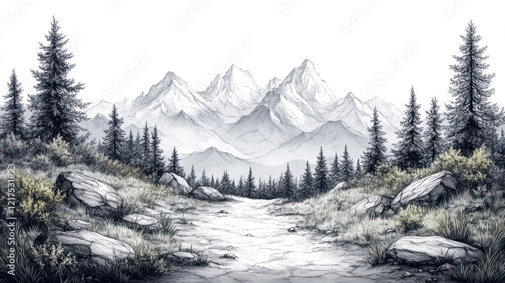 Fototapeta premium Monochrome mountain landscape, path leads to snowy peaks through coniferous forest.