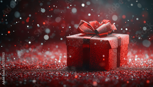 3D red gift box opening with sparkling glitter on a dark red background. Christmas present, New Year concept. Banner for advertising and social media post template. Design element. Space for text. photo