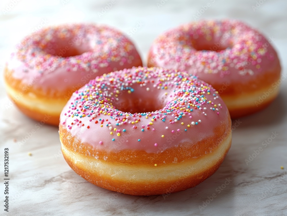 Three pink frosted donuts with colorful sprinkles on a marble surface. Three pink frosted donuts with colorful sprinkles on a marble surface.